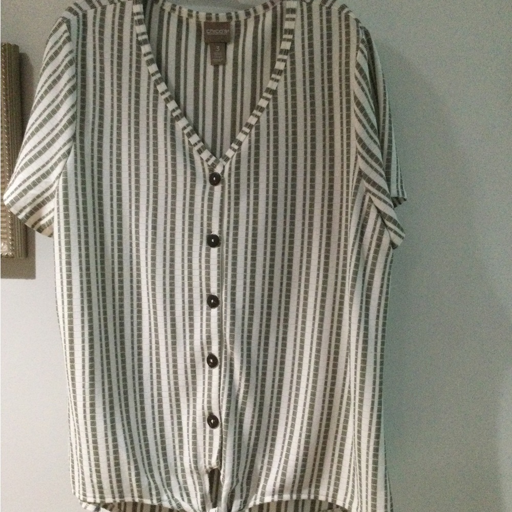 Chico's White and Gray Striped Short Sleeve Button Front Top